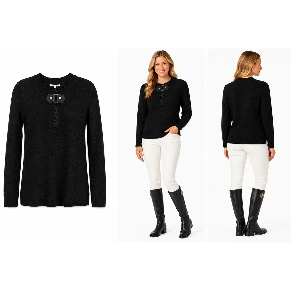 Tory Burch Sweater XS Black Wool Alpaca Leather Toggle Quiet Luxury Luxe‎ Knit